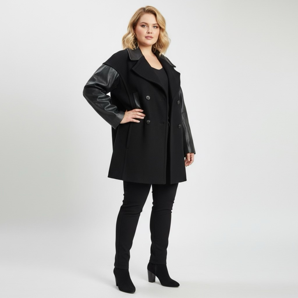 Danier Black Pea Wool Coat With Genuine Leather Sleeves Double Breasted Size Xl